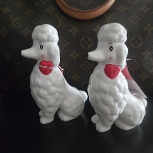 Set of Two White Ceramic Valentines Day Poodle Figurines.